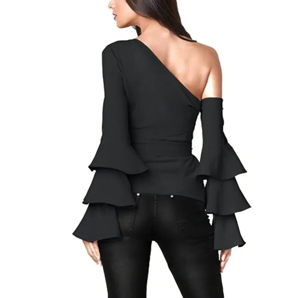 Venus Ruffle Sleeve One Shoulder Tie Waist Blouse 4 Black‎ Sexy Belted Top - Picture 4 of 12